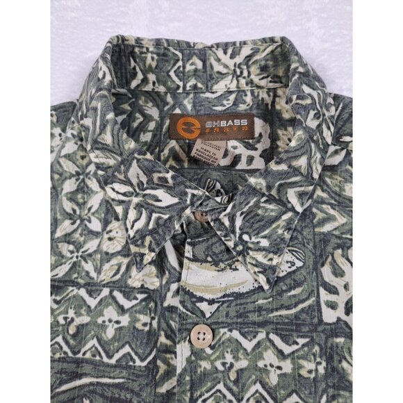 GH Bass Earth Shirt Mens L Casual Batik Fish Green Short Sleeve Dad Vacay - Picture 7 of 9